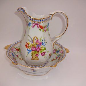 2 Pc White Vintage Limoges China Pitcher and Double Handled Bowl Flowers Floral